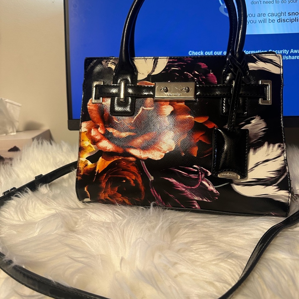 Floral Black Leather Handbag